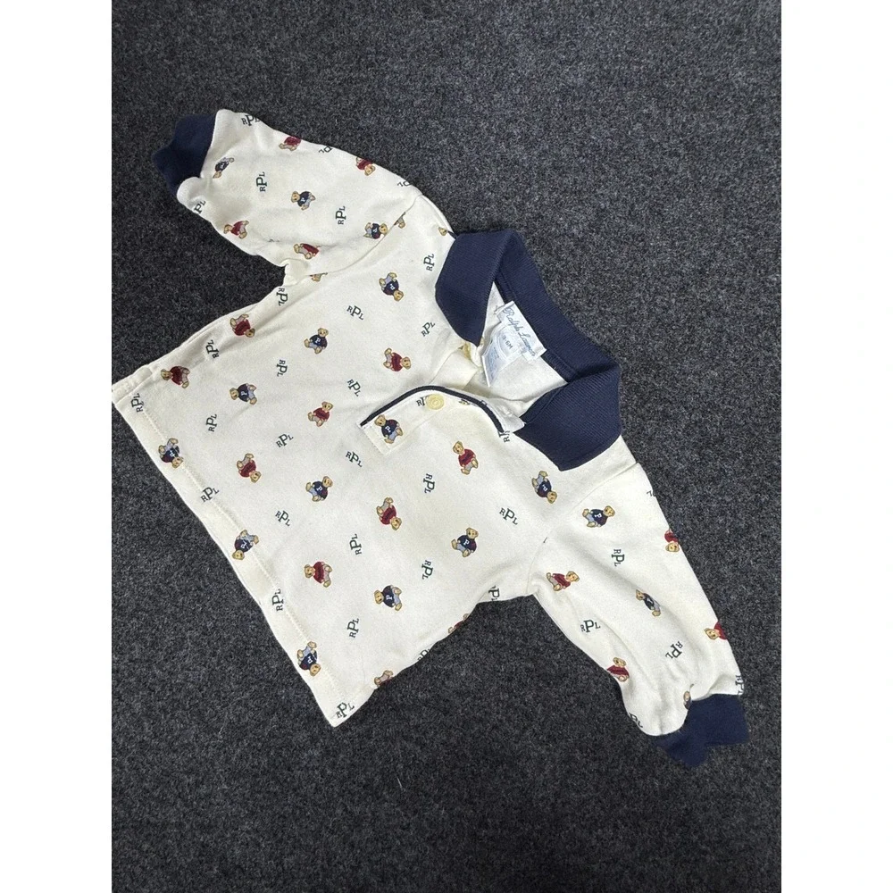 Ralph Lauren Polo Shirt Baby Boys 3-6M Cream Navy Blue Polo Bear Long Sleeve‎